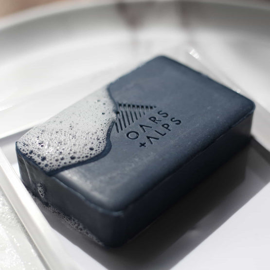 Blue Charcoal Bar Soap in soap dish
